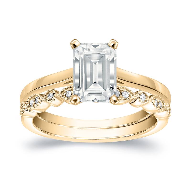 Auriya 14k Gold 7/8ctw Vintage Emerald-cut Solitaire Diamond Engagement Ring Set - Yellow - 7