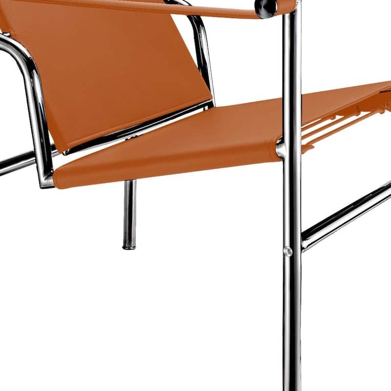 HomeRoots 24" Terra Cotta and Silver Faux Leather and Stainless Adjustable Back Arm Chair - 23.62 in. x 24.80 in. x 24.41 in.