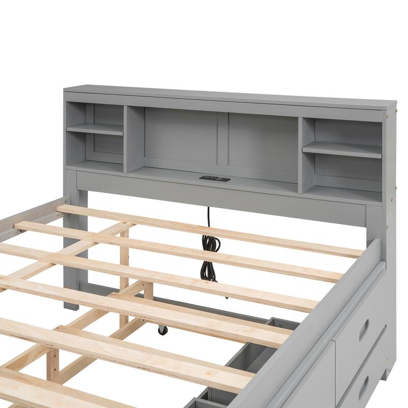 Twin/Full Size Storage Platform Bed with Bookcase Headboard and 3 Drawers, Wood Platform Bed with Twin Size Trundle and USB Port