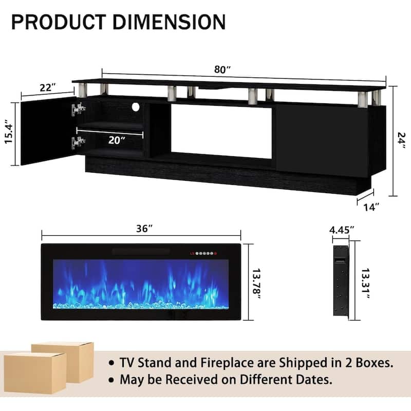 BOSSIN Modern 80" TV Stand with 36" Fireplace & LED Lights for TVs Up to 90", White with Golden Pillars, Storage Cabinets