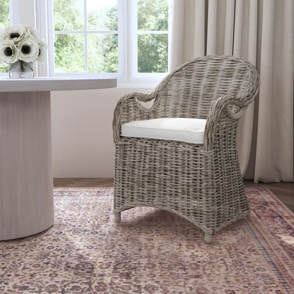 slide 2 of 7, Natural Rattan Handwoven Wicker Armchair With Cushion by East at Main Whitewash