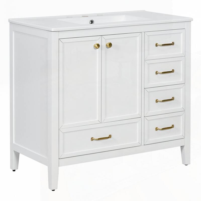 36-Inch Bathroom Vanity with Soft-Closing Drawers,Ceramic Sink,and Wood Frame