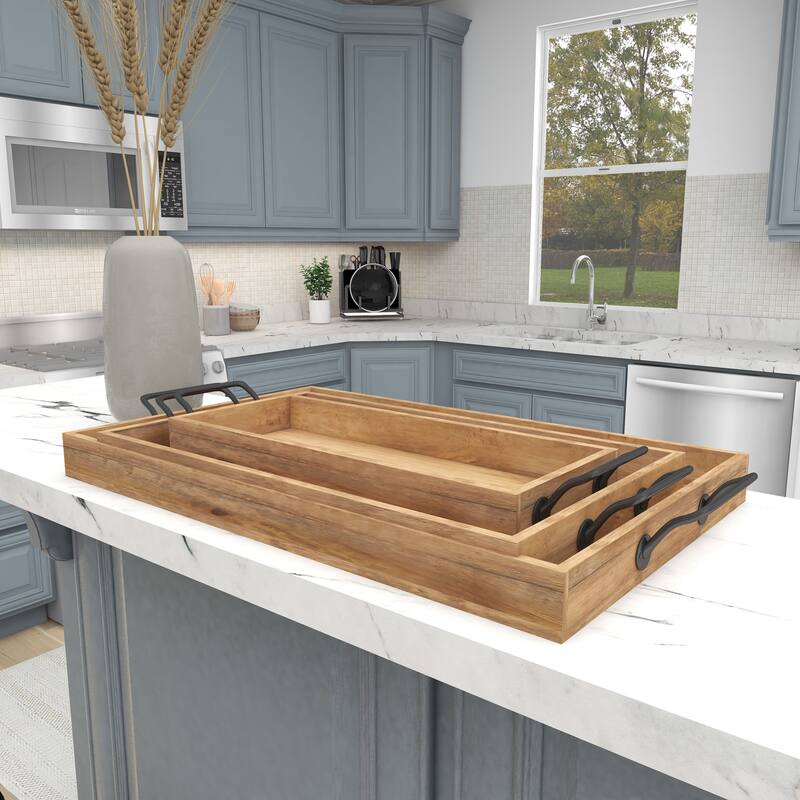 Brown Mango Wood Living Room Decor Tray with Slot Handles (Set of 3)