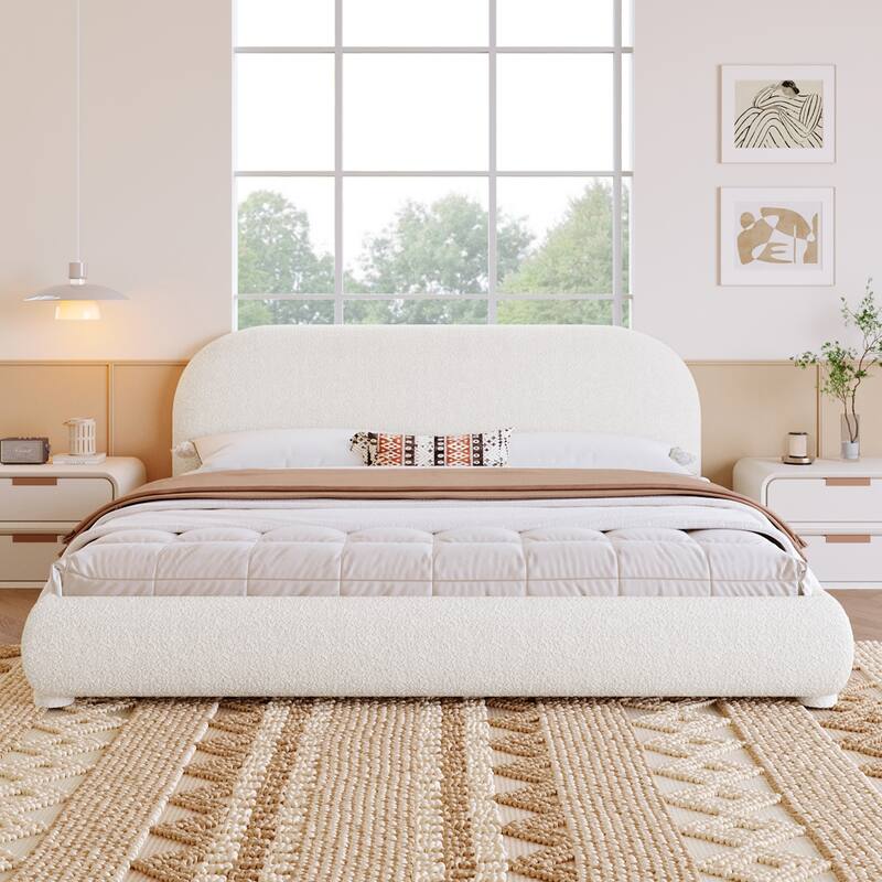 Boucle Bed Frame, Upholstered Cloud Platform Bed with Headboard, Anti-Collision Soft Rounded Corners, No Box Spring Required - Cream-King