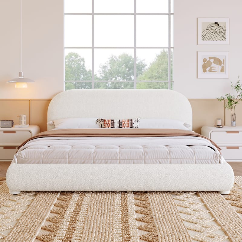 Christopher Knight Home - Dreamy Simple Modern Cream Boucle Upholstered King Bed with Curved Headboard