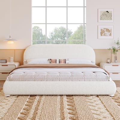 Christopher Knight Home - Dreamy Simple Modern Cream Boucle Upholstered King Bed with Curved Headboard