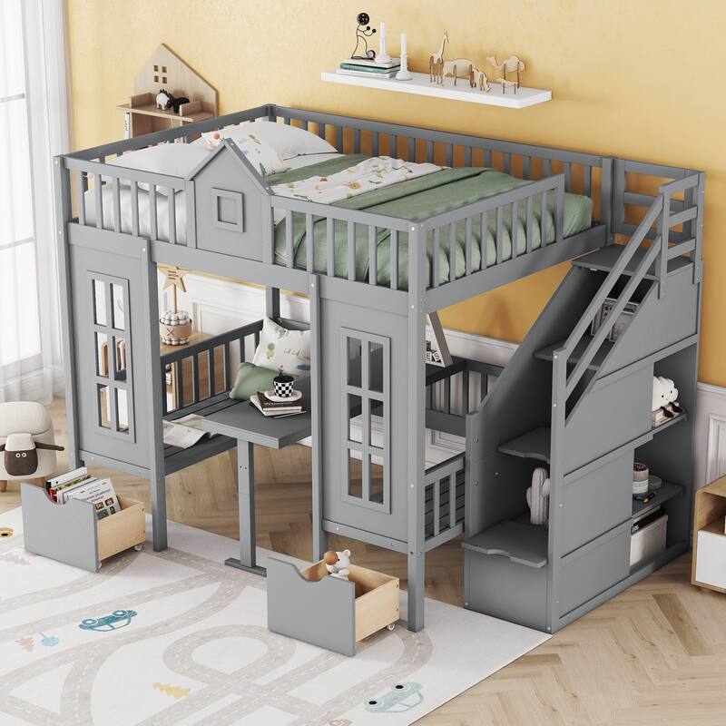 Stairway Bunk Bed with Changeable Table, Wood House Bedframe with Window & 2 Drawers, Bunk Bed Turn into Upper Bed and Down Desk