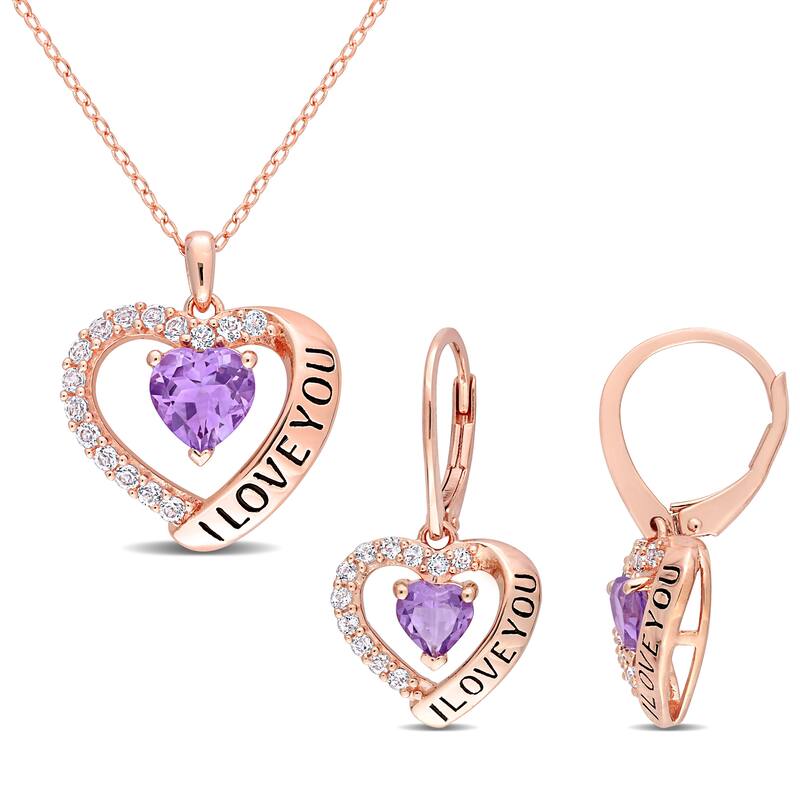Miadora Amethyst & White Topaz "I Love You" Heart Earrings & Necklace in Rose Plated Sterling Silver