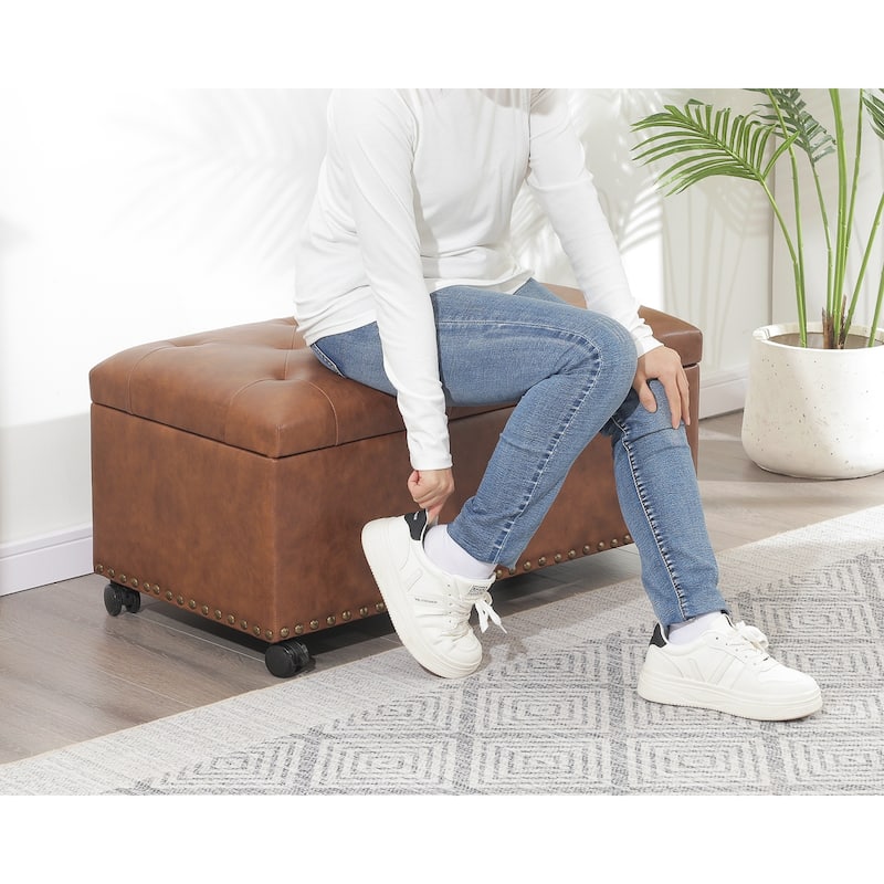 Adeco 35" Storage Ottoman Tufted Faux-Leather Lifted Top Bench