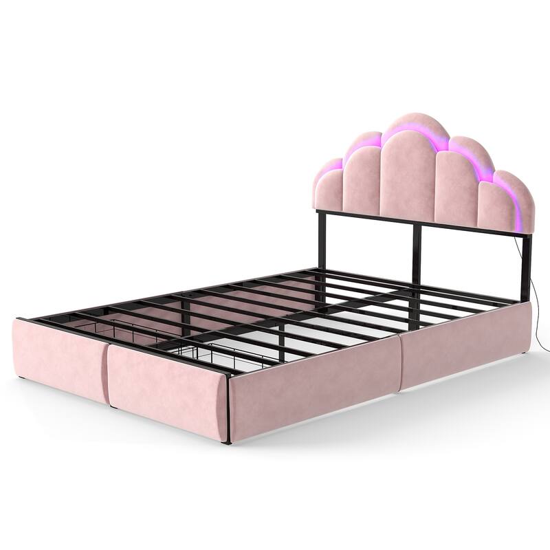 Velvet Upholstered Platform Bed with RGB LED Petal Headboard, Under Bed Storage Drawers Princess Bed Frame