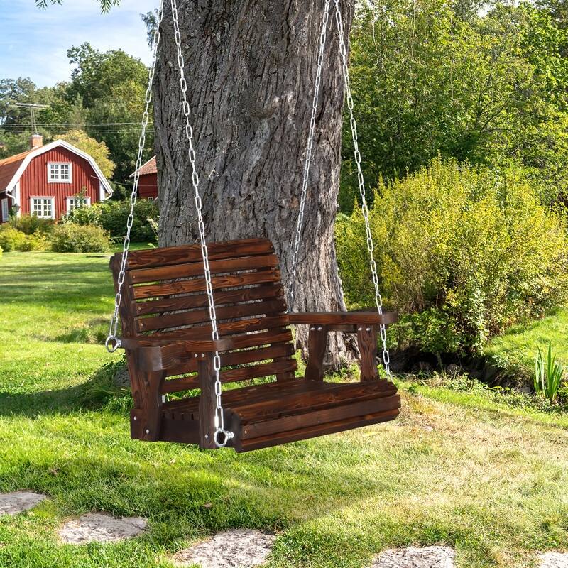 1-Person White Wooden Patio Porch Swing