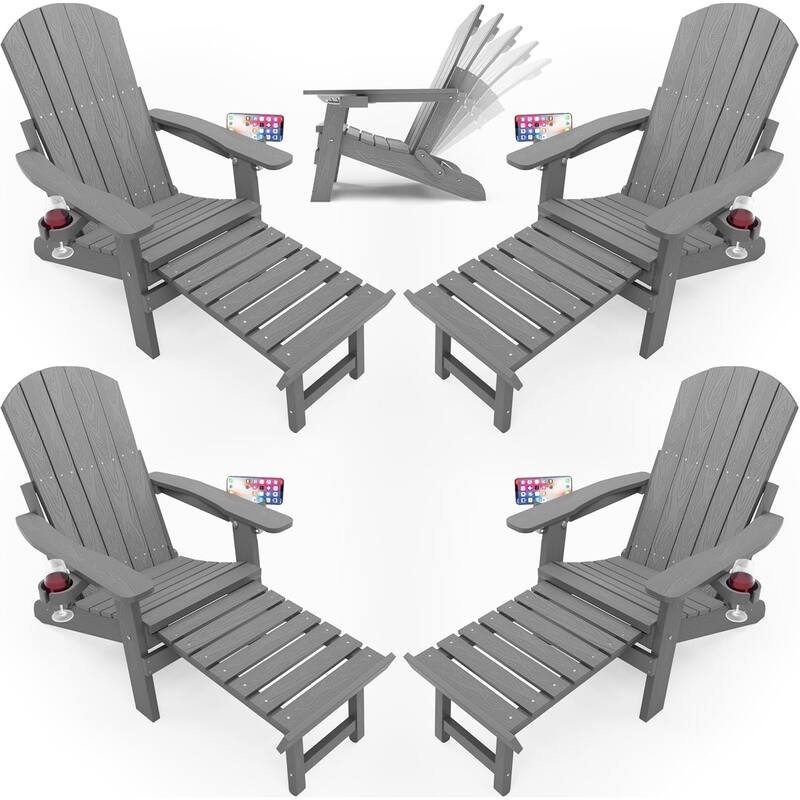 WINSOON All Weather HIPS Folding Adirondack Chair 5-Gear Adjustable Backrest Chairs with Retractable Ottoman Set of 4 - Grey