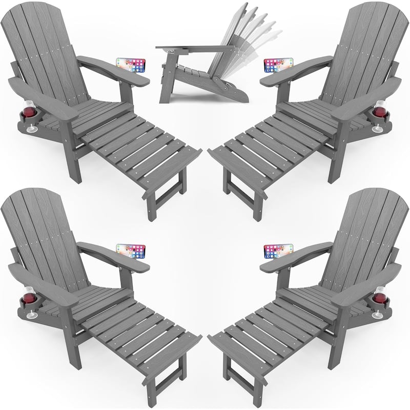 WINSOON All Weather HIPS Folding Adirondack Chair with Ottoman, 5-Gear Adjustable Backrest and Retractable Ottoman Set of 4 - Grey x4