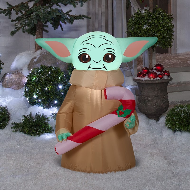 Gemmy Christmas Airblown Inflatable The Child Baby Yoda Grogu w/Candy Cane Star Wars, 3.5 ft Tall, Brown