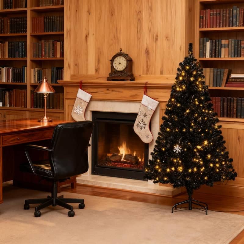 Pre-Lit Tall Artificial Christmas Tree - Realistic Branches, Warm White LED Lights - Black