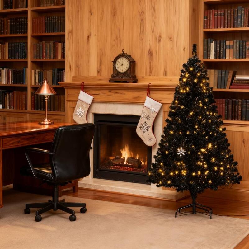 Realistic Branches Christmas Tree,Tall PreLit Artificial Christmas Tree with Warm White LED Lights and Tips - Black