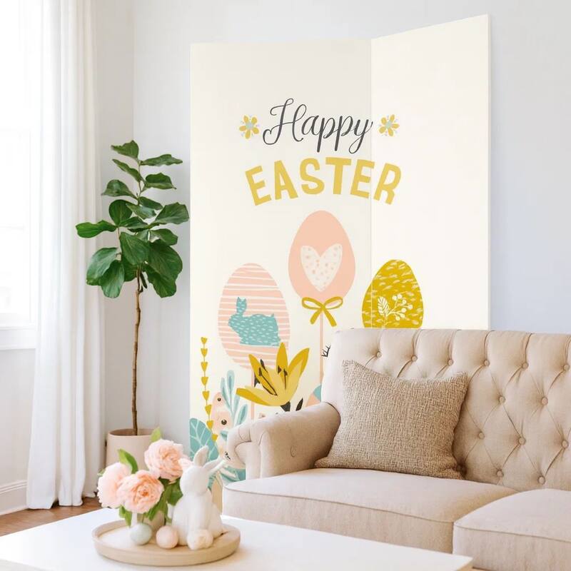 72 Inch 3 Panel Canvas Room Divider with Easter Print,Multicolor