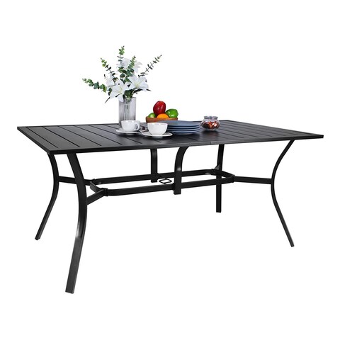 63 Patio Metal Steel Classic Rectangular Dining Table for Garden, Backyard, Deck With Umbrella Hole,Black,Table only