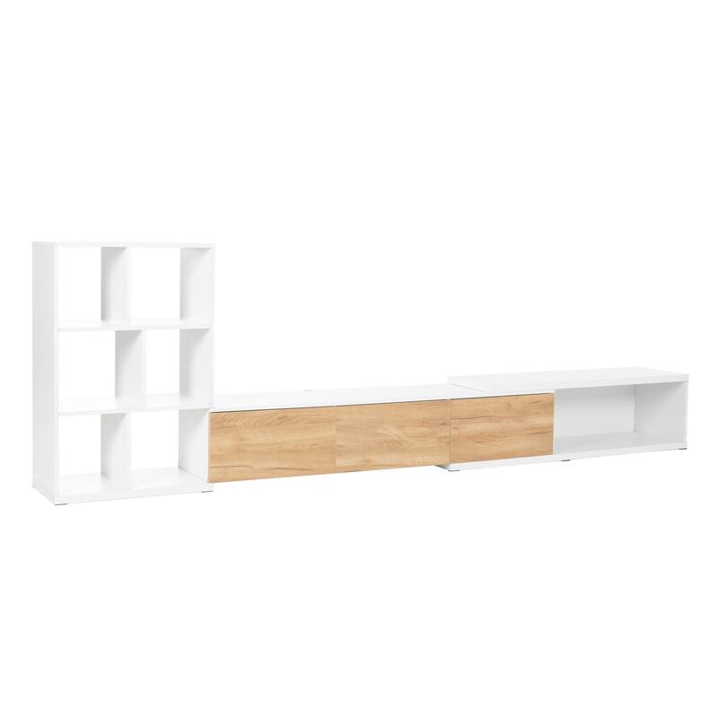 Extendable TV Stand with 3 Tier Bookshelves for TVs up to 110'', Adjustable Entertainment Center with Cabinets.