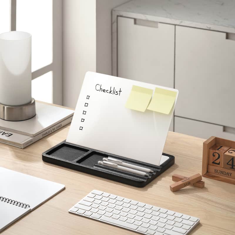 Jani Wooden Desk Organizer with Magnetic Whiteboard - Solid Wood, Hidden Storage & Anti-Skid Base for Home, Office & Workspaces - Black