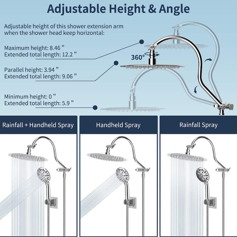 All Metal 10-Inch Round 3-Way Diverter Shower Head Combo High Pressure