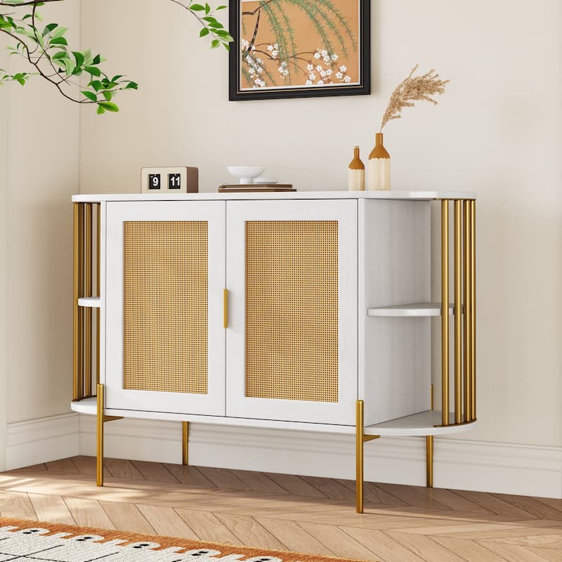 2-Door Elegant Curved Dining Cabinet with Gold Trim and Woven Rattan Doors for Dining Room (Black)