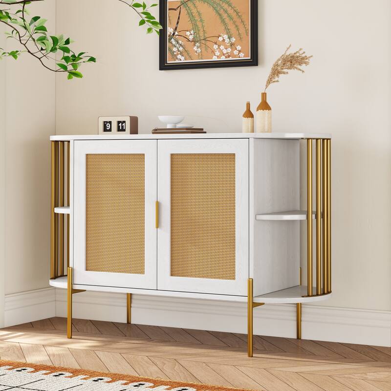 Curved Dining Sideboard with Gold Trim and Woven Rattan Doors for Stylish Dining Room Storage