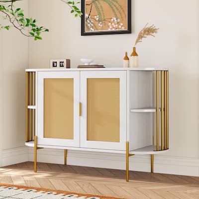 Elegant Curved Dining Cabinet with Curved Open Shelves, 2-Door, Woven Rattan Doors & Gold Trim for Dining Room