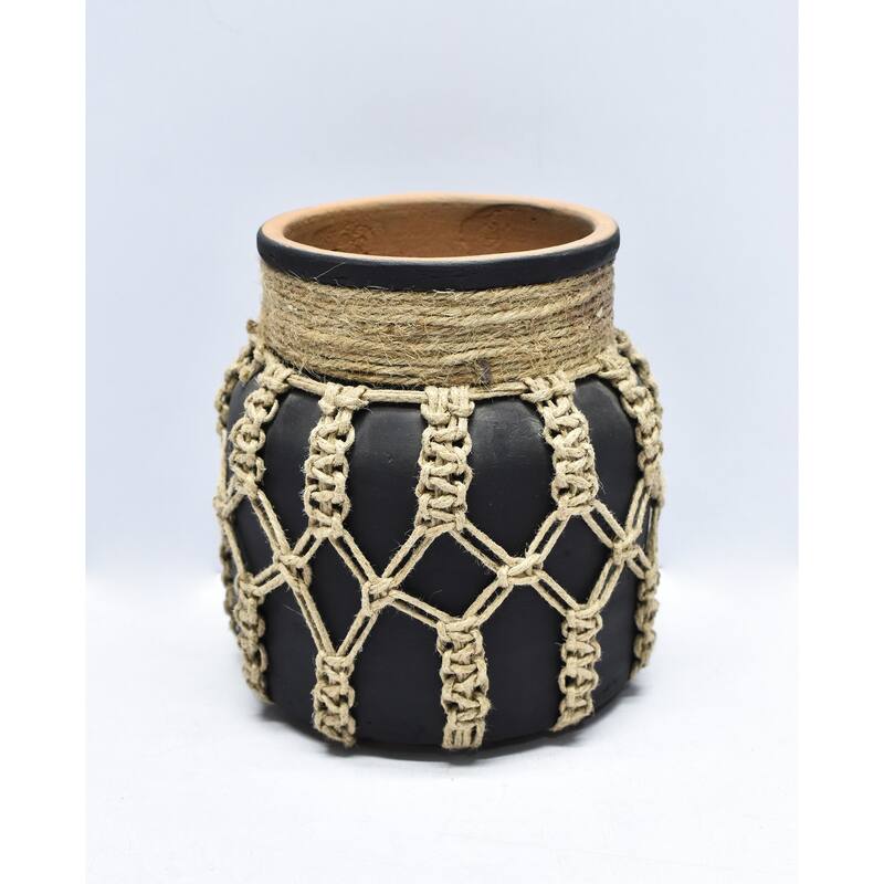 Vase Sm Mud & Rope Natural Finish Dia 6.25" & H 6.5" - NATURAL - Black