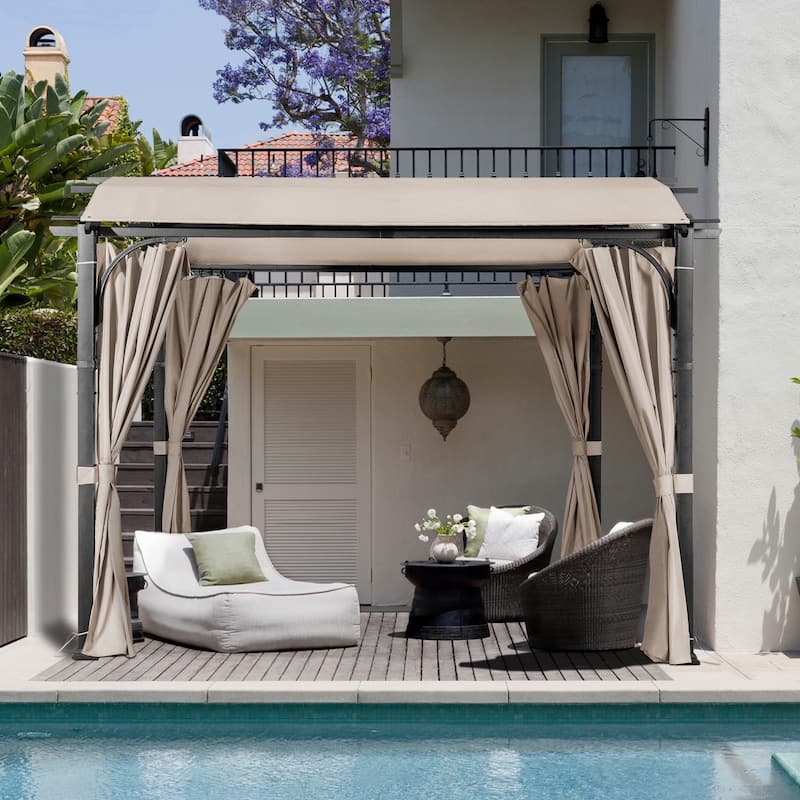 Cozywor 10 ft. x 10 ft. Steel Arched Pergola with Curtains and Beige Canopy - Beige