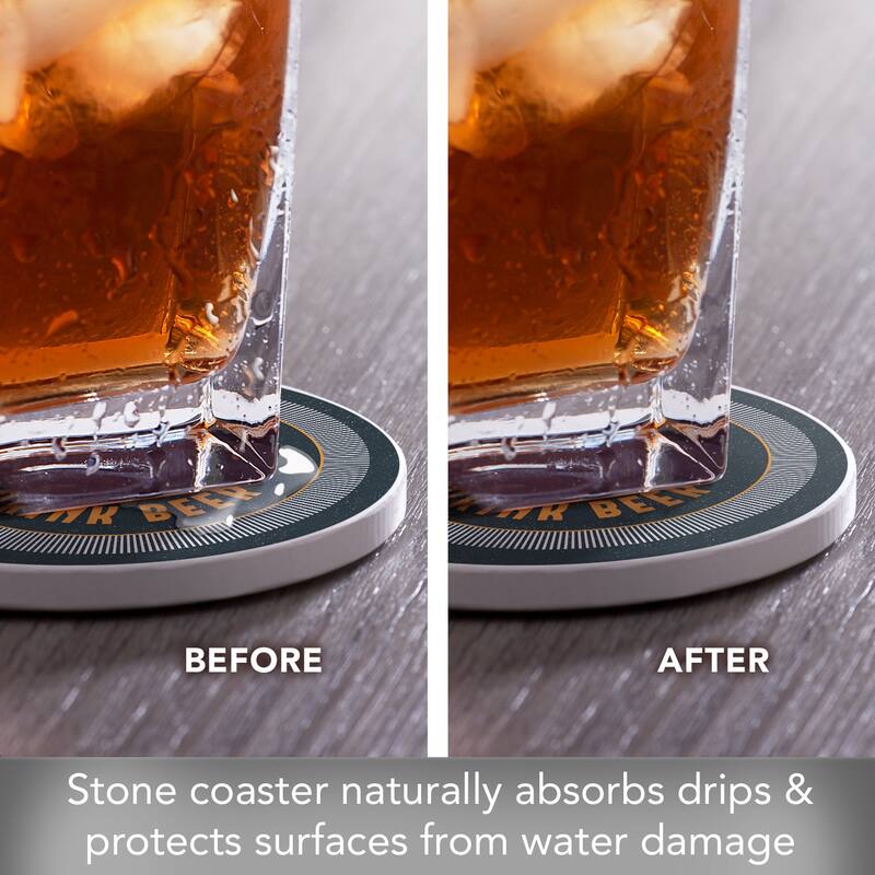 Save Water 4 Pack Absorbent Stone Coaster with Protective Cork Backing Made in The USA 4" Round, Easily Wipes Clean