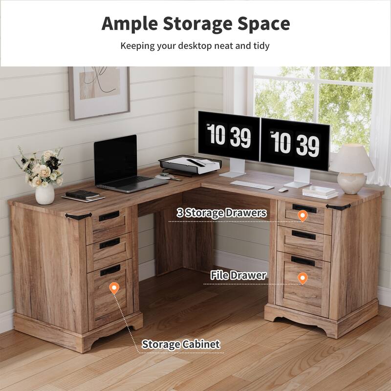 L Shaped Desk Set of 2, Wood Office Desk with Charging Station