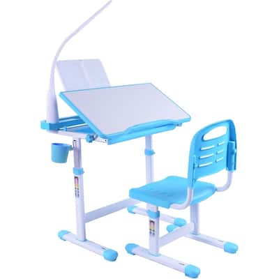 Kids Art Desk Drafting Table Desk Set with Adjustable Height, 40-Degree Tiltable Children Desktop, LED Light, Bookstand