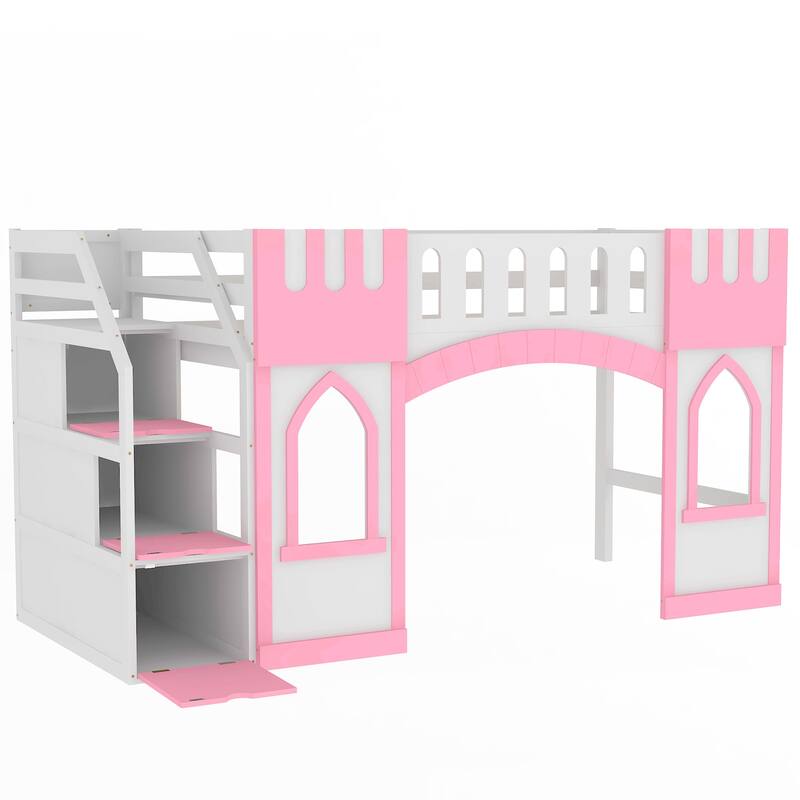 Pink Solid Wood Loft Bed with Storage Staircase and Window for Kids, Boys and Girls