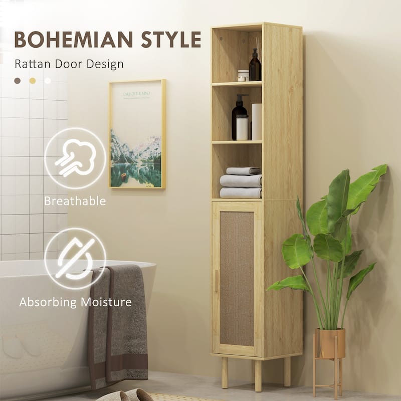 Rattan Bathroom Cabinet with Adjustable Shelf and Open Shelves - 12.6" W x 11.8" D x 66.9" H