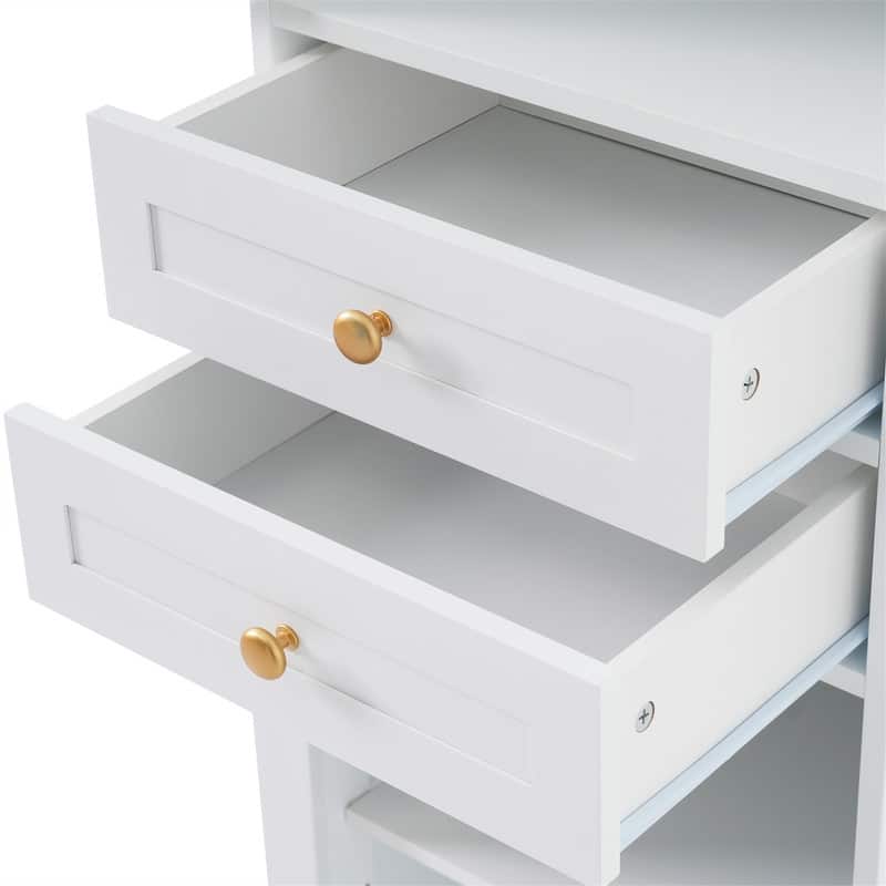Freestanding Bathroom Cabinet with Glass Door and 2 Storage Drawers, Tall Storage Cabinet Floor Cabinet with Adjustable Shelves