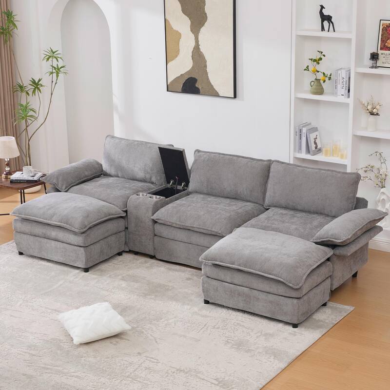 U Shaped Modular Sectional Sofa, Lounge Sofa with Storage Console & Wireless Charging, Sleeper Sofa with Movable Seat