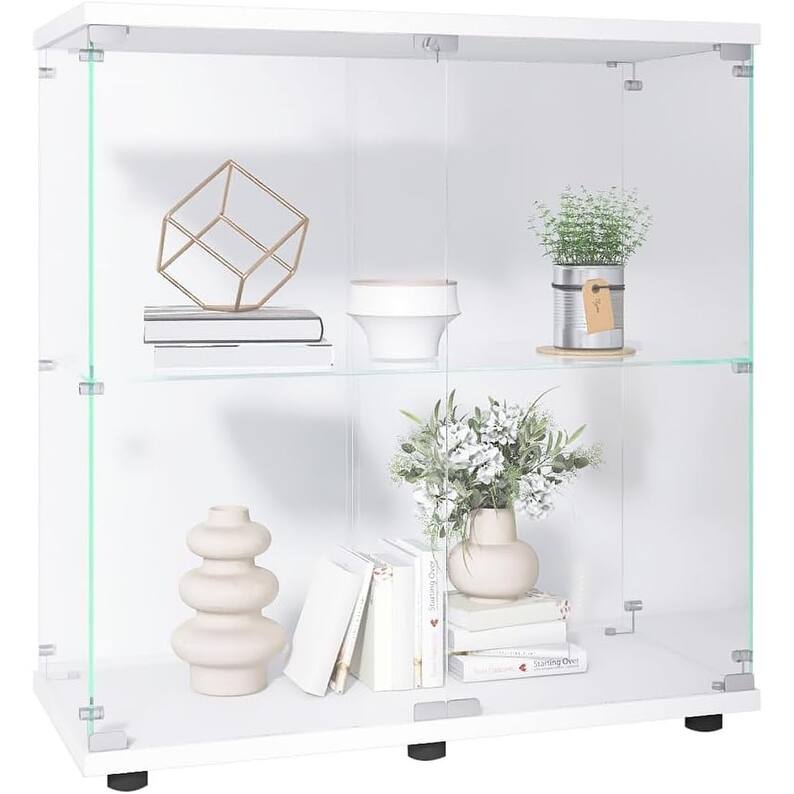 2 Shelves Display Cabinet with Glass Doors, Glass Display Cabinet, Floor Standing Curio Display Cabinet Trophy Display Case - 2 Shelves White