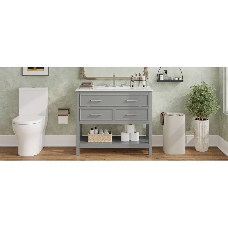 Bathroom Vanity with Sink, Multi-Functional Wood Bathroom Cabinet, Vanities Set with Open Shelf, Tip-Out Tray & 2 Drawers