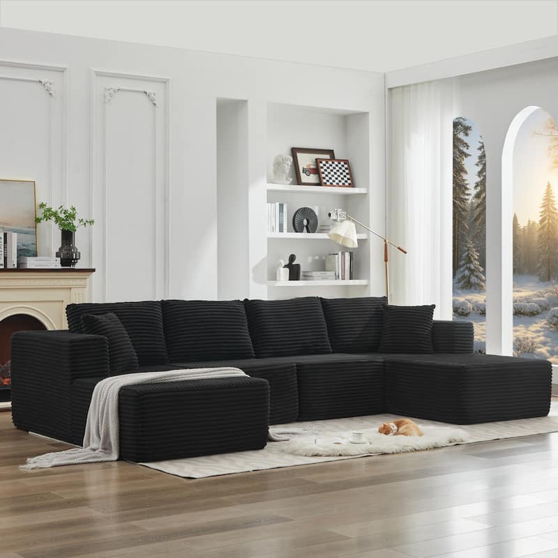 106" Corduroy Upholstery L-Shaped Cloud Modular Sectional Sofa with Chaise and Pillows, All-Foam Compression Design