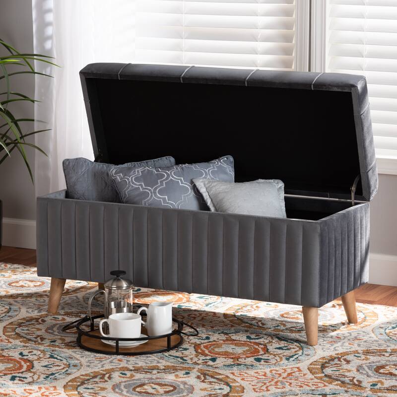 Hanley Modern and Contemporary Velvet Fabric and Wood Storage Ottoman