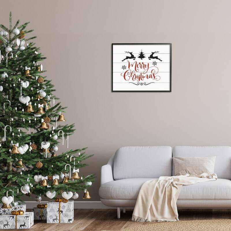 Stupell Merry Christmas Reindeer Black White and Red Framed Art, Design By Artist Lettered and Lined