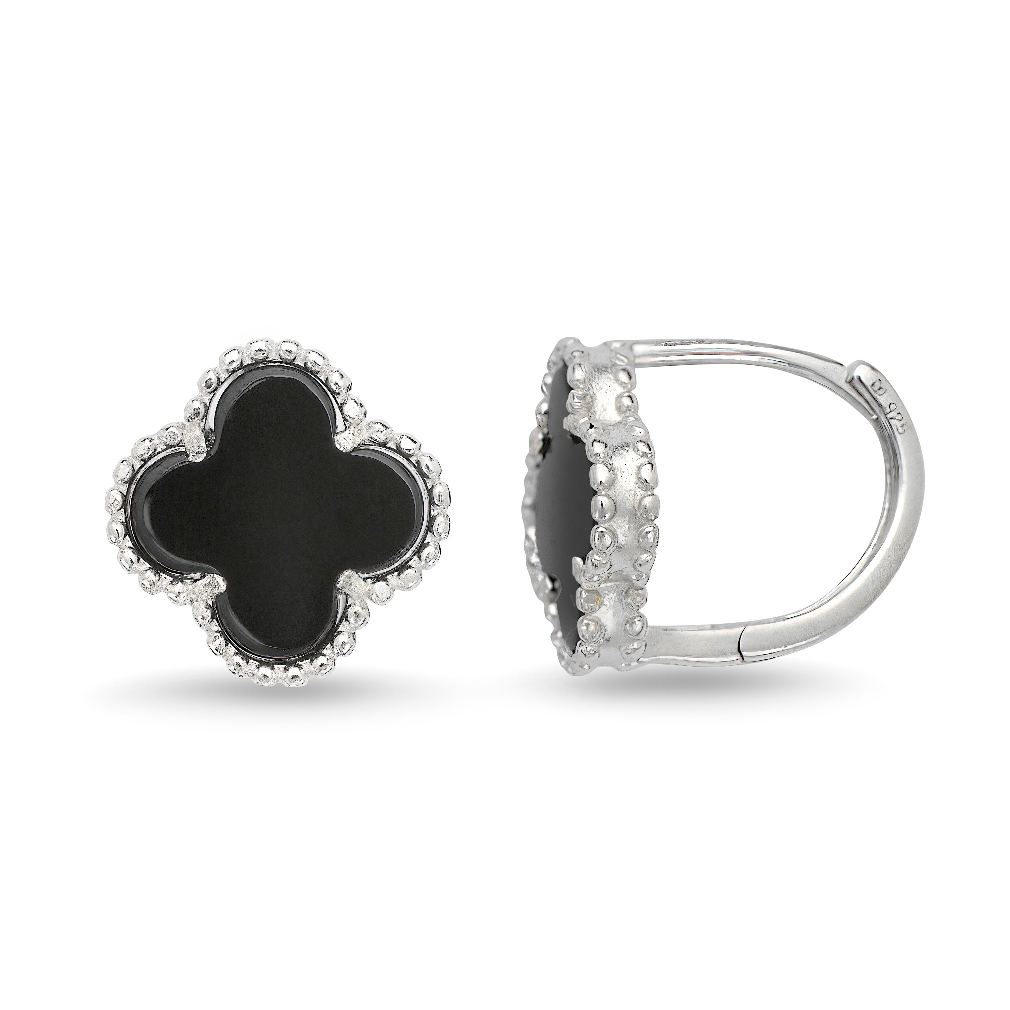 Curata 925 Sterling Silver 12mm Onyx or MOP Clover Hinged Hoop Earrings
