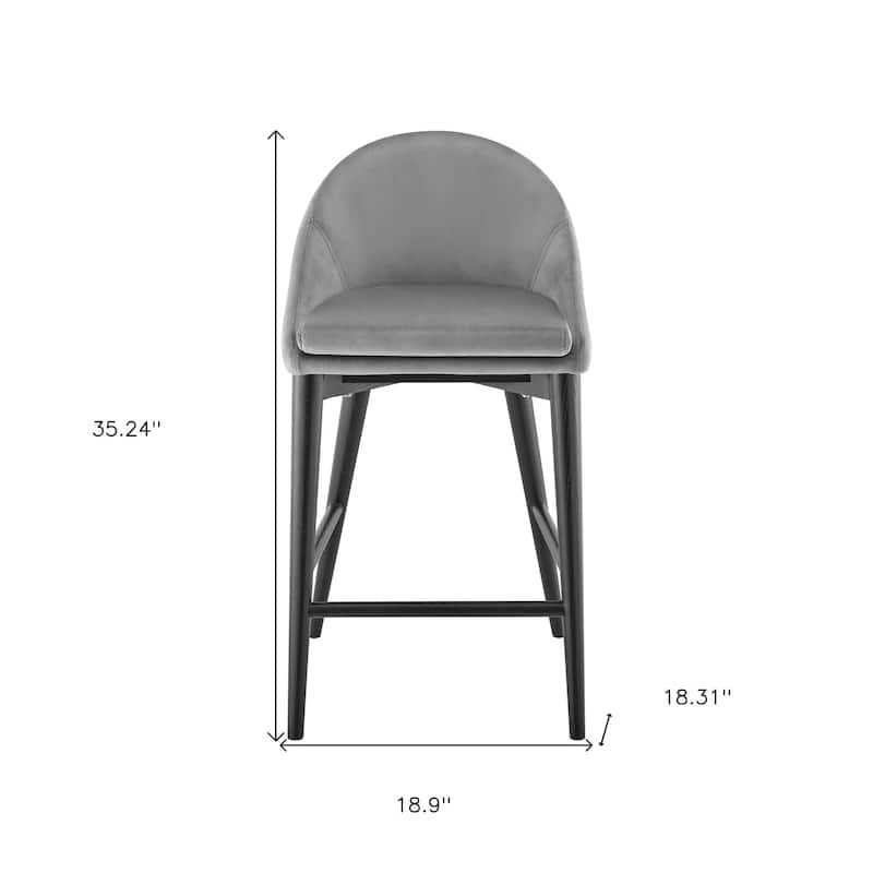 HomeRoots 26" Gray and Black Velvet and Solid Wood Low Back Counter Height Bar Chair