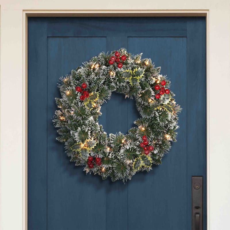 Puleo International 24" Pre-Lit Snowy Silverton Pine Wreath - Green