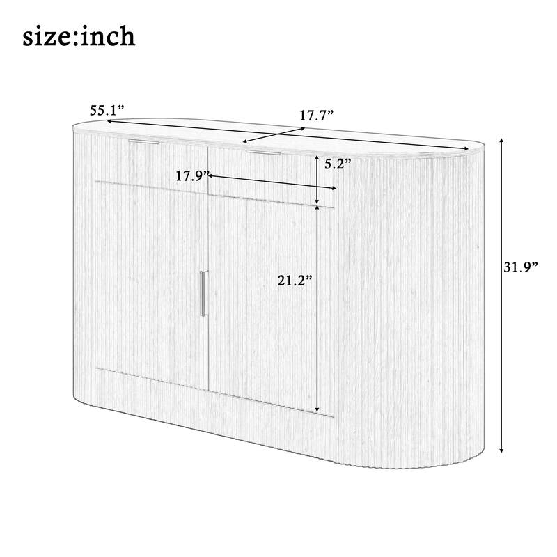 55.1" Modern Storage Cabinet, 2 Doors & 2 Drawers, Stripe MDF Sideboard with Aluminum Handles, Curved Side Door & Shelves