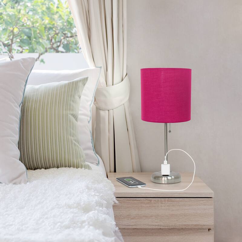 19.5 in. Brushed Steel Finish Table Lamp with Pink Shade, Sturdy Table Lamp for Living Rooms and Bedrooms
