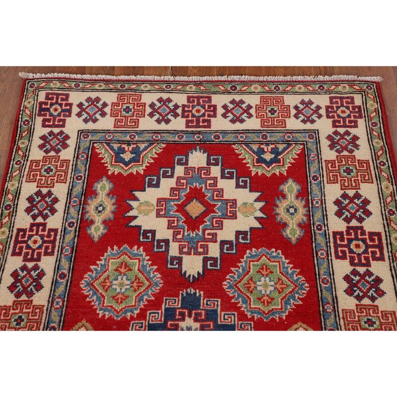 Geometric Kazak Oriental Accent Rug Handmade Red Wool Carpet - 3'3"x 5'0"
