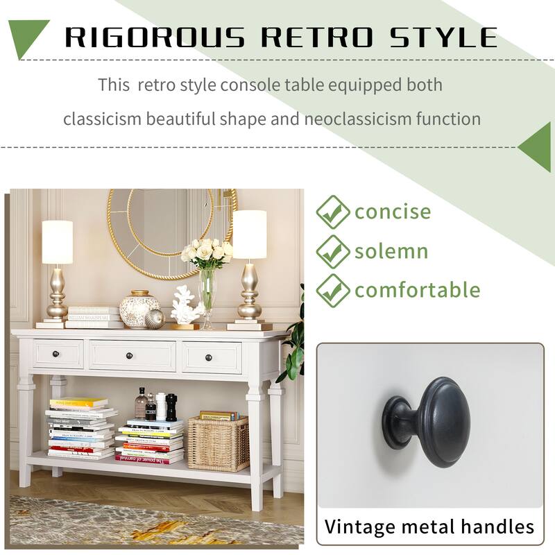 Retro Console Table with 3 Drawers and Bottom Shelf