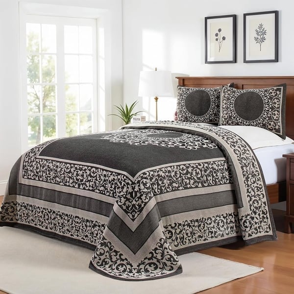 slide 2 of 35, Cotton Blend Oversized Vintage Floral Scroll Bedspread Set by Superior Charcoal - Full